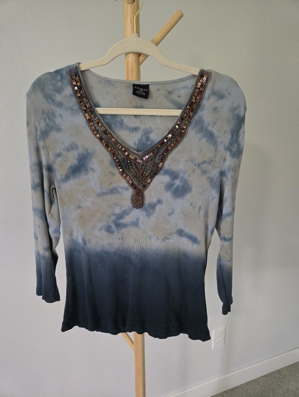 Tribal Brand Blue Ombre V-Neck Long Sleeve Top with Beaded Trim